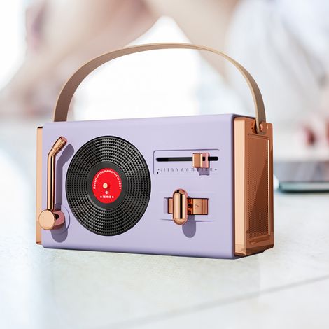 Enceinte Bluetooth rétro portable pour la maison et l'extérieur, avec caisson de basses, cadeau premium, style classique, lecteur de cartes et clé USB, couleur violet rêve. (1/5)
