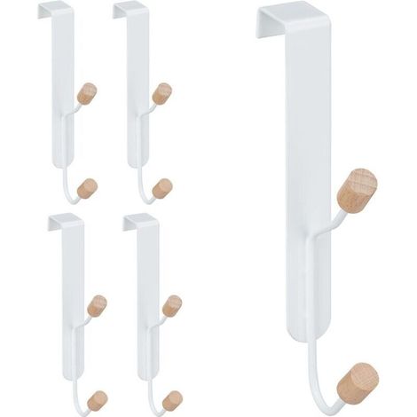 Crochets de porte, lot de 5, style scandinave, doubles crochets, en fer et bois, blanc/naturel (1/4)