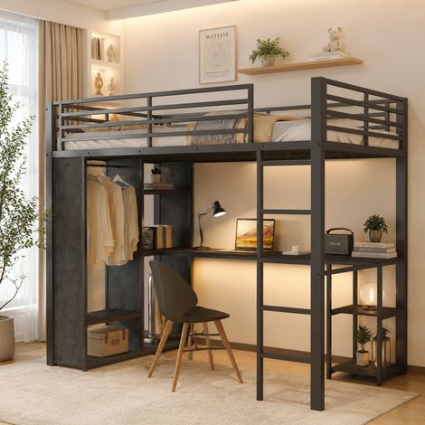 Cama alta, 90 x 200 cm, estructura de hierro, compartimento de almacenamiento, con tira de luz LED, escritorio, enchufe doble con interfaz USB y Tipo-C, 3 estantes, armario abierto, sin colchón, color (1/5)