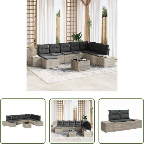 Poly-Rattan -  Gartensofa-set mit Kissen 9 pcs Hellgrau Poly-Rattan (1/5)