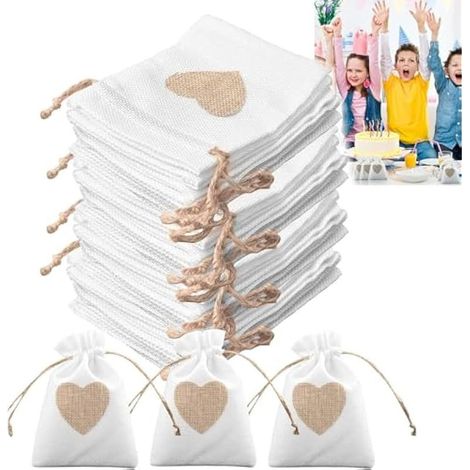 CYRILL - Set di 24 sacchetti di tela piccoli - 10 x 14 cm - con cordoncino - naturale - con cuore - sacchetti di tela da riempire - per gioielli, fai da te, matrimonio, festa (Bianco) (1/5)