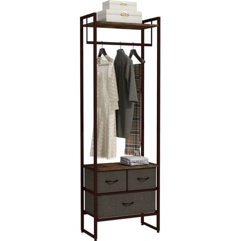 Porte-vêtements en bois avec 3 tiroirs en tissu et étagère de rangement 58,5x30x178 cm style rustique marron (1/5)