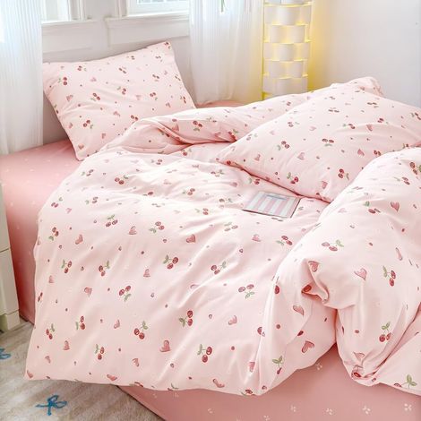 Housse de Couette 200x200 Coton avec 2 Taies d'oreiller 65x65 cm Parure de lit Imprimée Cerise et Cœur - 100% Coton Parure Housse Couette Adulte avec Fermetures éclair, Rose (1/5)