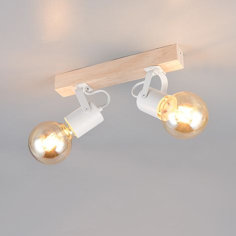 Plafonnier spot vintage blanc à 2 spots orientables E27 2x10W base bois LYNAR (1/3)