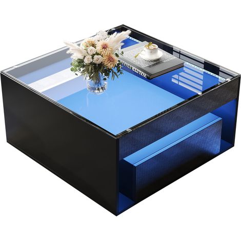 ELVMI Tavolino da Salotto Quadrato con 2 Cassetti, Vano Aperto e LED Controllato da App, MDF, 70 x 70 x 35 cm, Nero (1/5)
