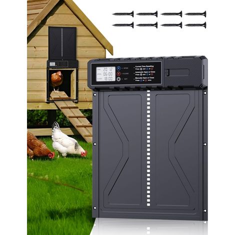 Automatische Hühnerstalltür – 1 Stück – Aluminium – 24-Stunden-Timer mit LED – IPX5 – Für Hühner und Enten – 36,5 x 27,5 cm (1/5)