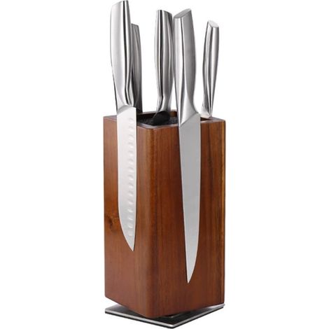Bloc à couteaux en bois - Porte-couteaux - Étagère de rangement - Magnétique - 11 x 11 x 24,6 cm - Bois massif - Marron (1/5)