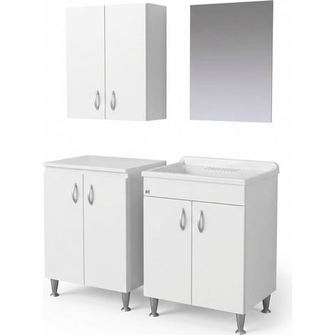 Mueble lavadero con lavabo en laminado hidrófugo 60x50, base 2 puertas, mueble alto y espejo 45x60 – Blanco – Negrari (1/5)