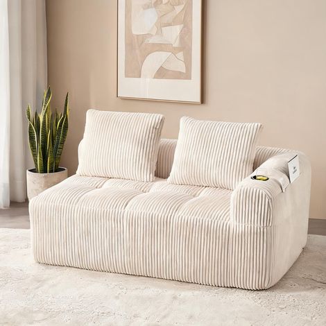 Canapé 2 places en velours côtelé beige 158 x 93 x 61 cm (1/5)