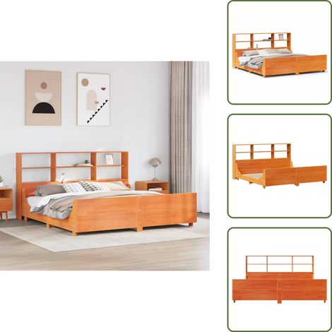 The Living Store Cama con estantería sin colchón madera maciza marrón 180x200 cm - Cama sin colchón