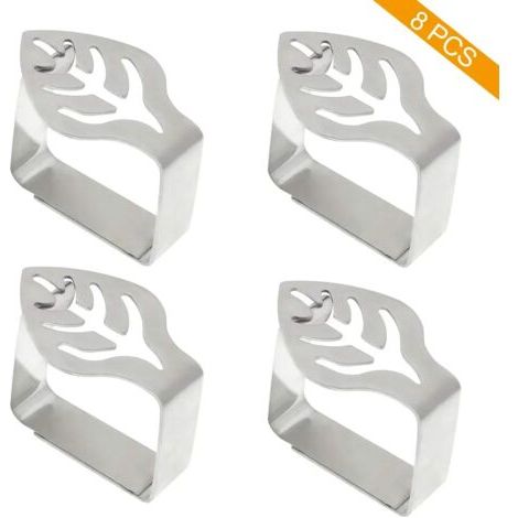 Lot de 8 pinces pour nappe décoratives en acier inoxydable épais - Pour pique-nique, barbecue, mariage, fête - Argenté – Feuille (1/5)