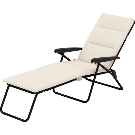 Transat inclinable 6 positions avec matelas et accoudoirs acier polyester crème 153x58.5x89 cm