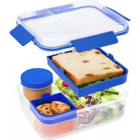 Lunch Box 1600 ml, Travail de Camping Bento Box, Adultes et Enfants Boîte à Repas, Scellé Étanche Boîte à Déjeuner, avec Compartiment et Boîte à Sauce Boîtes Bento,Bleu (1/5)