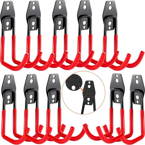 10-teiliges Garagenwandhaken-Set, Garagenhaken, Garagenaufbewahrung aus Stahl mit 3 Schweißpunkten statt 2, stabiler für Leitern, Fahrräder, Rohre, Elektrowerkzeuge (Rot) (1/5)