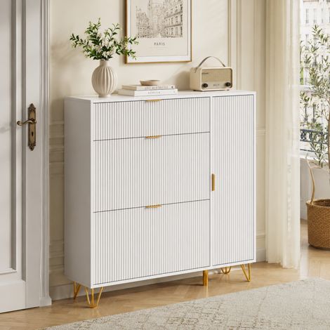 Meuble à chaussures, Armoire à Chaussures étroite, chaussures placard, shoe rack, armoire a chaussures avec Étagères, pour Couloir et entrée, avec 2 tiroirs rabattables, 110 x 24 x 118.5 cm, Blanc (1/5)