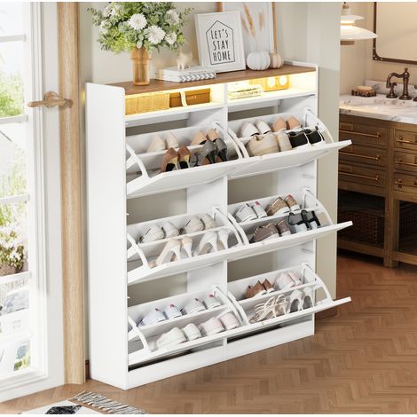 Zapatero en MDF blanco y natural con 6 puertas abatibles, LED regulable y 2 huecos abiertos 120x24x130 cm (1/5)