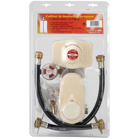 Dipra – Coffret bi-bouteilles propane 13 kg – Débit 1,3 kg/h 37 mbar – Inverseur automatique avec limiteur de pression – Certifié NF gaz