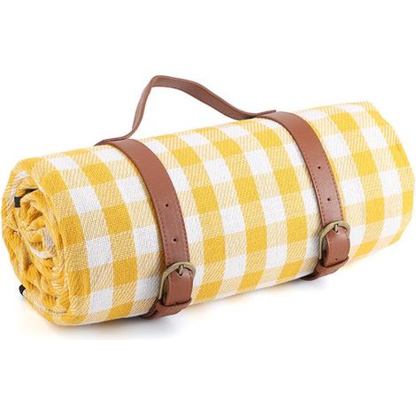 Manta de picnic, 200 x 200 cm, Manta de camping plegable, Esterilla picnic resistente arena, Estampado cuadros amarillo blanco, Tejido acrílico (1/5)