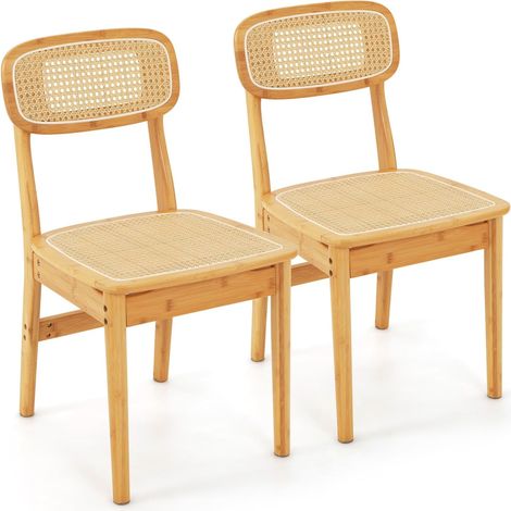 COSTWAY Juego de 2 Sillas de Comedor de Ratán, Sillas de Cocina con Respaldo de Ratán de imitación y Marco de Madera, Sillas de Comedor de Estilo Mediados de Siglo para Cocina, Comedor y Sala de Estar