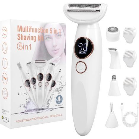 Tondeuse Bikini & Rasoir Électrique Femme 5 en 1 - Rasoir Intime Femme Étanche IPX7 pour Maillot, Visage, Corps & Sourcils - Lady Shaver Sans Fil avec Recharge USB (1/5)