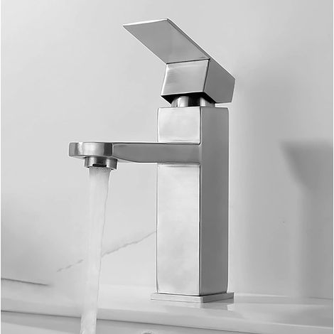 Robinet de salle de bain rectangulaire monotrou avec cartouche céramique, mitigeur réglable pour lavabo carré, aérateur, finition acier inoxydable noir mat (1/5)