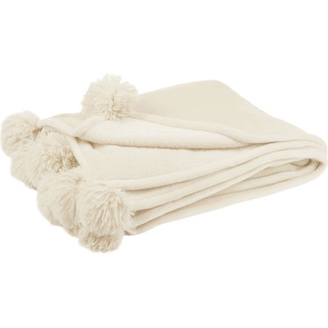 Plaid en polyester 130x170 cm avec pompons beige clair - MEGGY