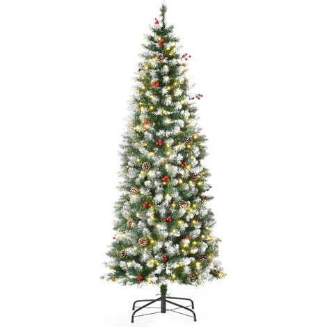 Albero di Natale artificiale innevato da 180 cm con 300 luci LED bianco caldo, 618 rami in plastica ignifuga, decorazioni incluse e base pieghevole Ø65 x 180 cm, verde (1/5)