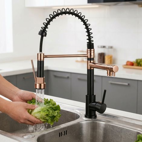Robinet de Cuisine Mitigeur avec Ressort et Douchette Extractible Style Moderne - Robinet d'Évier Noir et Or Rose Pivotant à 360° en Laiton, Double Sortie d'Eau et 2 Modes de Pulvérisation (1/5)