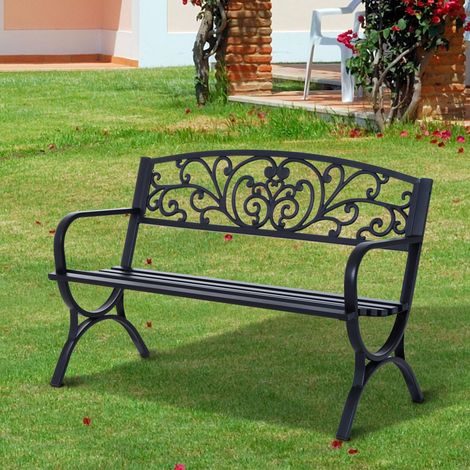 Banco de jardín/patio Outsunny de acero fundido negro, 3 plazas, 127 x 60 x 85 cm, carga máxima 240 kg.