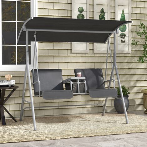 Dondolo da giardino 2 posti in metallo nero con tettuccio parasole e tavolino centrale, 175x110x165 cm (1/5)