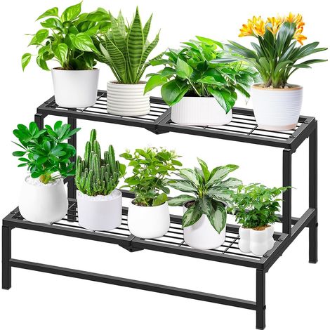 2 niveaux Porte plante interieur étagère plante, Etagere porte plante exterieur métal tabouret plante, Supports de pots de fleurs pour Maison Balcon Jardin Intérieur (Schwarz) (1/5)