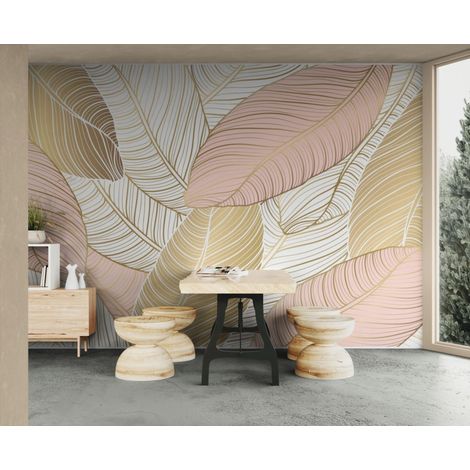 Papier peint végétal – Feuillage graphique beige et rose poudré - 150 x 250 cm (1/2)