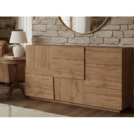 Dmora - Credenza Avelignese, Buffet da soggiorno, Madia da salotto con 2 ante e 3 cassetti, 180x44h86 cm, Rovere (1/5)