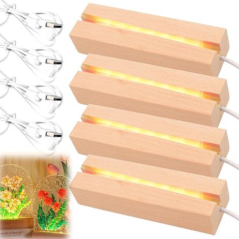 Lot De 4 Socle Lumineux Led Bois, Bases d’Affichage LED Rectangulaires en Bois, Socle Lumineux de Bureau avec Interrupteur USB