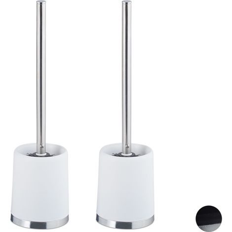 2x Set di Scopino e Portascopino in Plastica, per Bagno e WC, Testa Scopino Sostituibile, 37 cm, Bianco