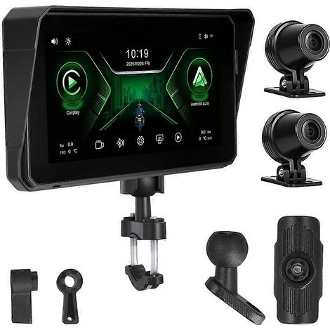 Autoradio DVR portable pour moto avec système de jeu Carplay Android Auto, lecteur intelligent 6 pouces étanche IPX8 et 2 caméras (1/5)