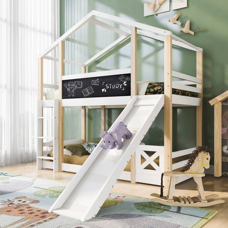 Lit mezzanine enfant 90x200 cm cabane en bois avec toboggan et échelle, sommier inclus, sans matelas, blanc et naturel (1/5)