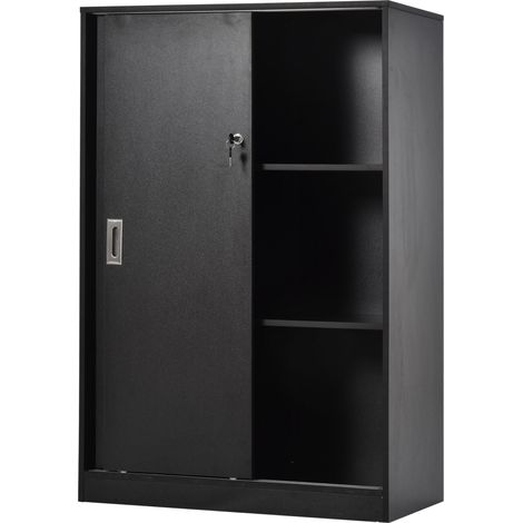 Armoire de bureau 2 portes coulissantes 80 x 40 x 120 cm sécurisée 2 étagères moderne épuré en panneau de particules noir (1/5)