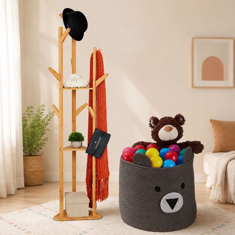Set da ingresso in bambù (2 pezzi) – Appendiabiti a 9 ganci con ripiani e cesto per bambini in corda di cotone (1/5)