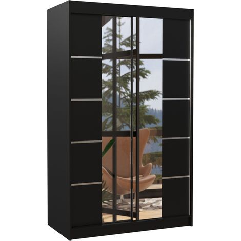 Petite armoire design de chambre à coucher 2 portes coulissantes noir et miroir Kinzo 120cm (1/5)