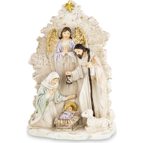 Presepe natalizio, color crema e oro, in plastica, 24x16x6 cm