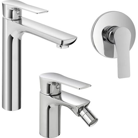Set miscelatori lavabo alto bidet e doccia Flat con piletta click clack