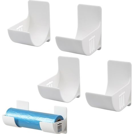 Lot de 4 Organiseurs de Cuisine Non Perforés,Film Alimentaire Support Rangement Porte,Montage Mural,Pour porte de placard Porte de Garde Manger Fixation,Rangement et l'Organisation,Blanc (1/5)