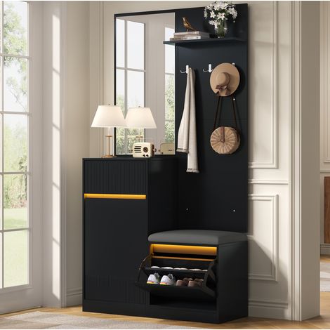 Vestiaire d’entrée 105x38x190 cm avec meuble à chaussures, miroir, banc, LED et rangement, MDF noir (1/5)