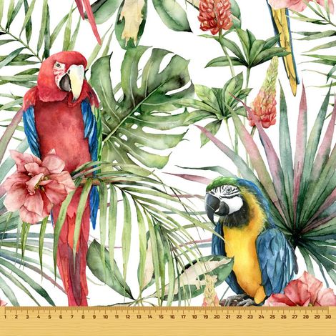 Tissu d'extérieur décoratif Oxford - motif perroquets colorés sur feuilles vertes (1/5)