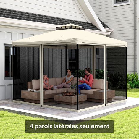 Moustiquaires pour tonnelle barnum pavillon de jardin 3 x 3 m - lot de 4 moustiquaires zippées + crochets d'attaches - polyester nylon