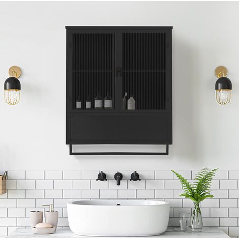 Mobile a Parete 60x23x78 cm in Vetro Temperato e Metallo Nero — Ante in Vetro, Ripiano Aperto (1/5)