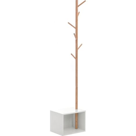 Perchero de pie con banco y almacenaje rectangular 40 x 30 x 180 cm MDF y bambú blanco HOMVRA (1/5)