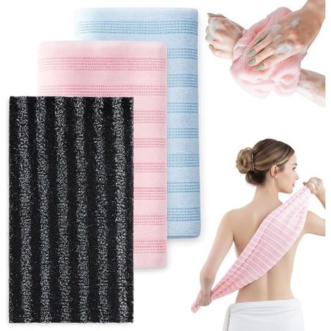Serviettes exfoliantes - 25 x 100 cm - Grandes serviettes de bain - noir+rose+bleu - 3 pièces de brosses de douche antibactériennes