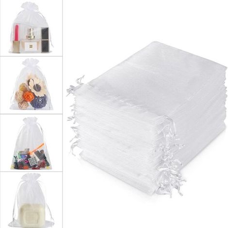 100 sacchetti per la conservazione, sacchetti a rete, sacchetti regalo, sacchetti regalo in organza, sacchetti con coulisse per bomboniere, 10 x 15 cm, bianchi (1/5)